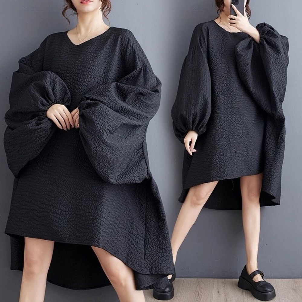 Oversize Loose Dress Round Neck Long Balloon Sleeves Asymmetric Womens  O/S NWT